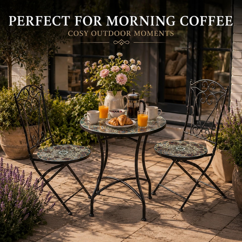 image 1 of Mosaic Bistro Set with Round Table and Two Folding Chairs for Garden Patio Balcony and Outdoor Dining