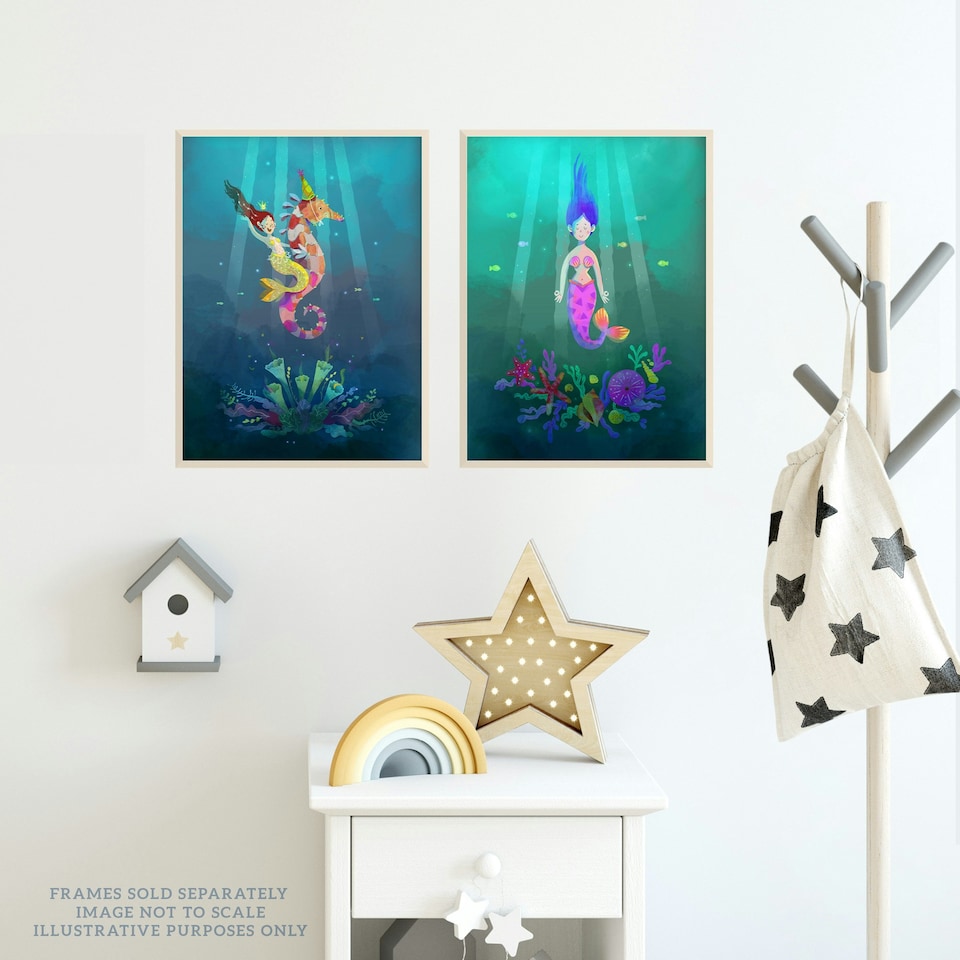 image 1 of Set of 2 Girl Kids Bedroom Fairytale Cartoon Mermaid Sea Princess Wall Art Print A4