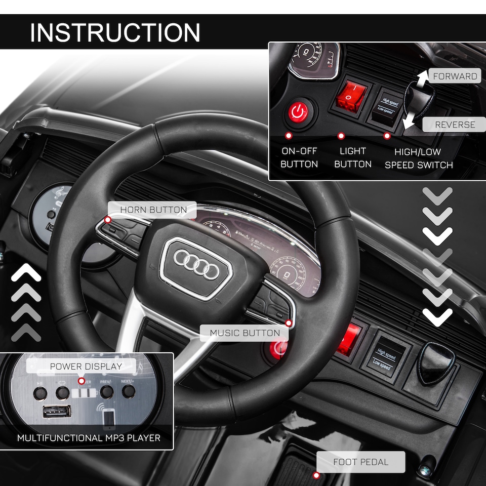 image 1 of HOMCOM Audi RS Q8 Licensed Electric Car for Kids, 6V Kids' Electric Ride on with Remote Control, 7Ah Big Battery, Lights Bluetooth, Music USB, for 3-5 Years Old, Black