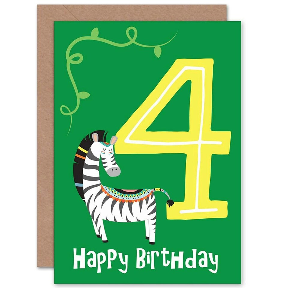 image 1 of Fun Zebra Party Age 4 Year Old 4th Child Kids 4th Birthday Card