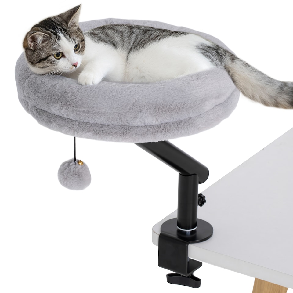 image 1 of PawHut Cat Bed for Desk, 360 degrees Rotatable Adjustable Elevated Cat Desk Bed, Comfortable Soft Plush Kitten Hammock Nest Cushion Machine-Washable