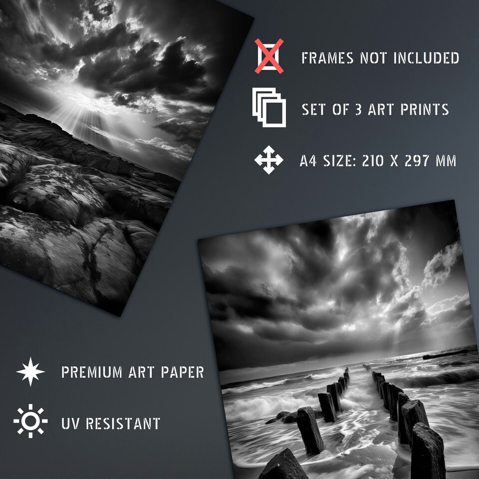 image 1 of Set of 3 Clouds Black White Photographs Dramatic Coastal Landscapes Wall Art Print A4