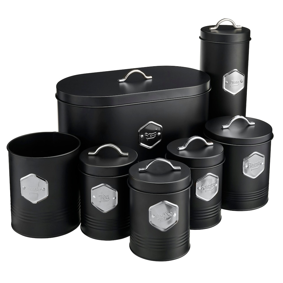 image 1 of Cooks Professional 7-Piece Kitchen Storage Set | Tea Coffee Sugar Bread Biscuit Pasta & Utensil Cannisters | Black & Silver