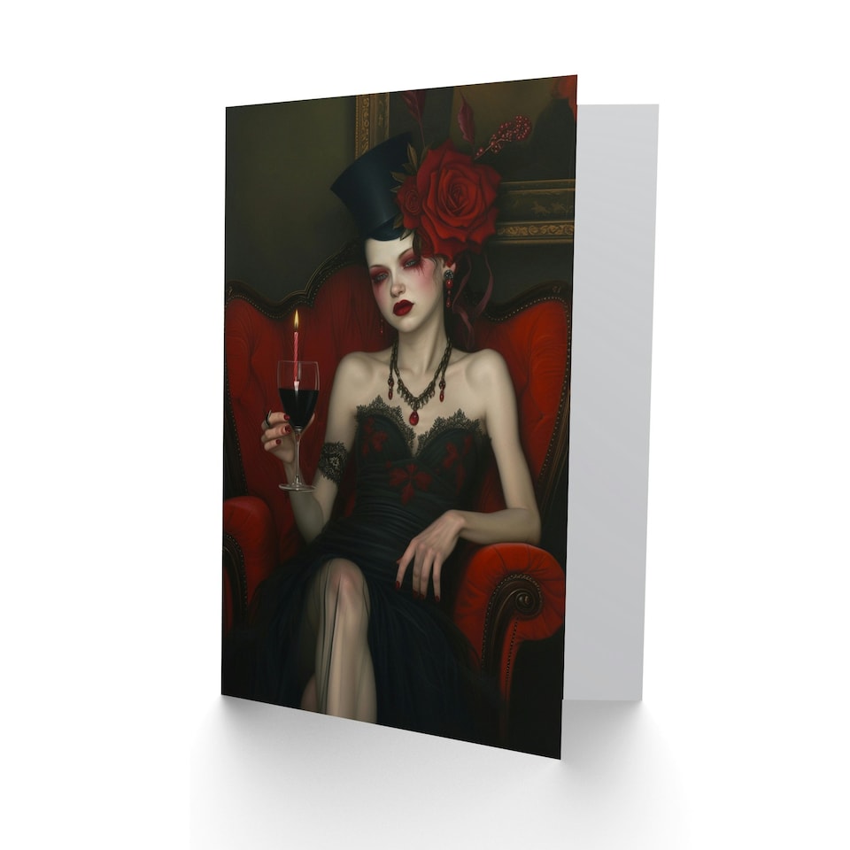 image 1 of Horror Goth Fashion Red Wine Lady Portrait Her Birthday Card