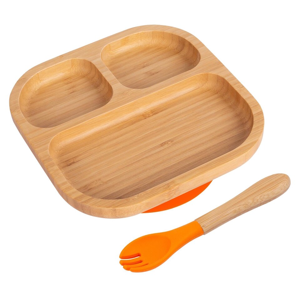 image 1 of Tiny Dining Bamboo Segmented Baby Weaning Plate & Fork Set - Orange