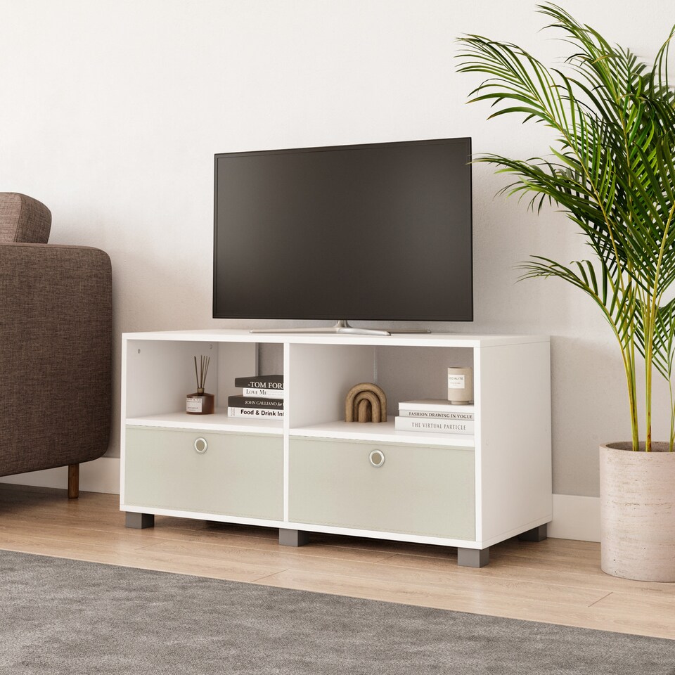 image 1 of Black TV Stand with 2 Drawers | White | White & Cream | 1
