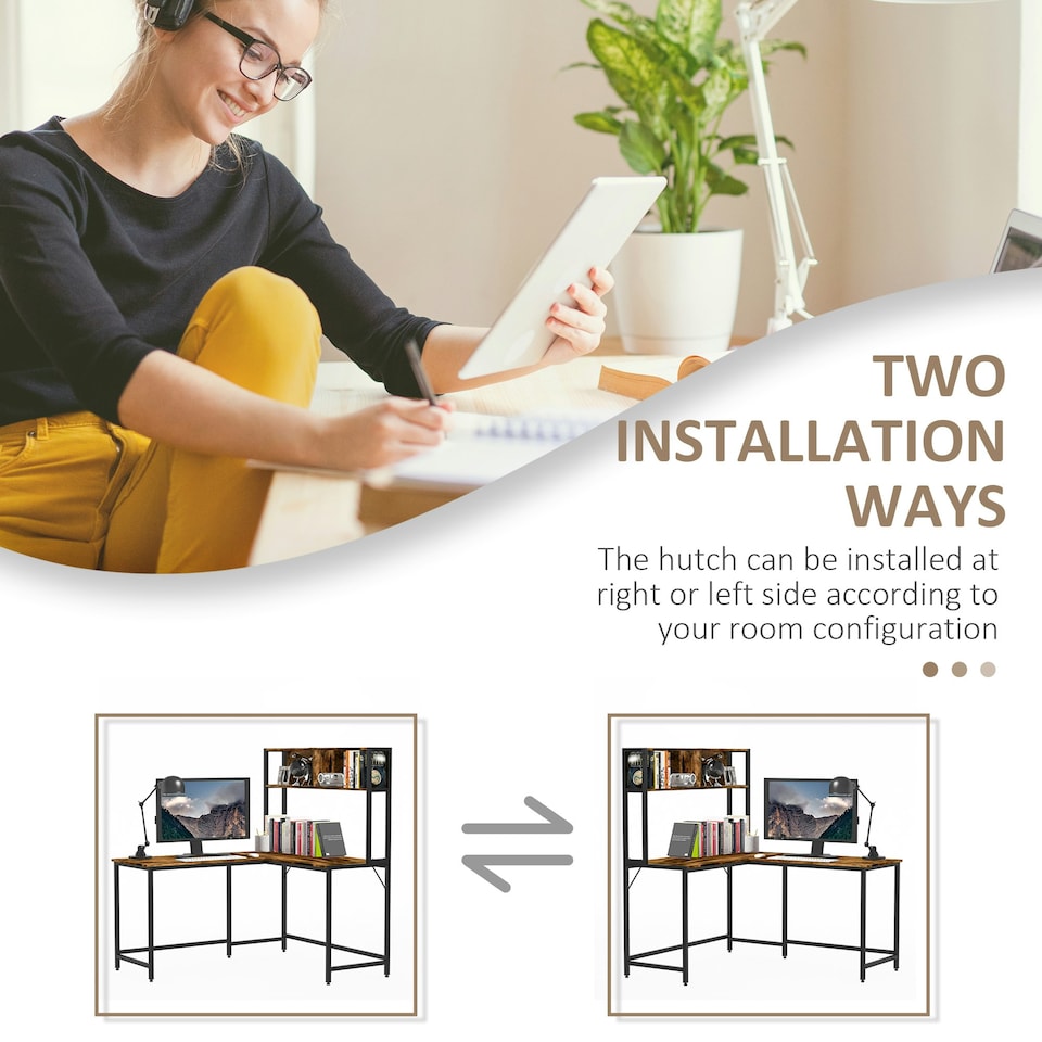 image 1 of HOMCOM Industrial L-Shaped Work Desk & Storage Shelf Steel Frame Adjustable Feet