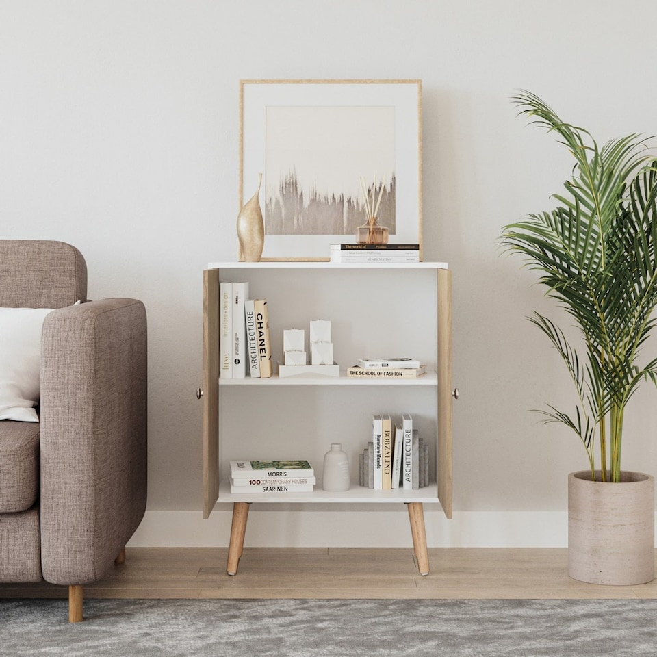 image 1 of White 60cm 2 Door Living Room Storage Cabinet w/ Shelf and Splayed Legs
