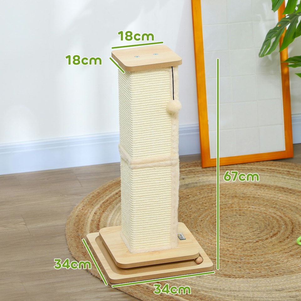 image 1 of PawHut 3-in-1 Cat Scratcher Post with Sisal Track Ball Toy, 67cm, Light Oak
