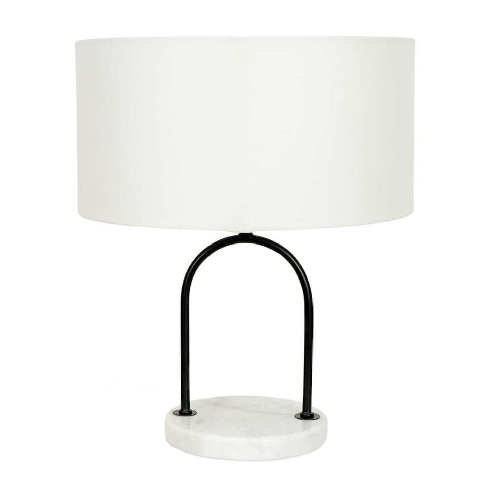 image 1 of ValueLights Rachel Black Arch Marble Base Table Lamp with White Linen Lamp Shade and Bulb Black