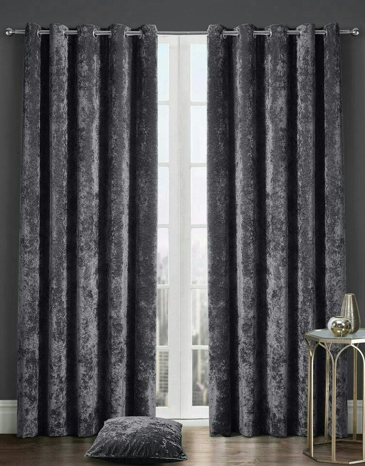 image 1 of Crushed Velvet Fully Lined Eyelet Curtains - Charcoal - 117x183cm