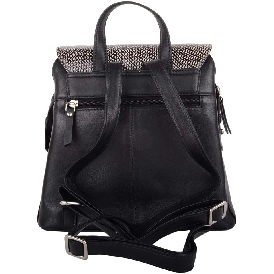 image 1 of Smooth Genuine Leather Backback Rucksack with Snakeskin Effect Flap Panel Black | Black