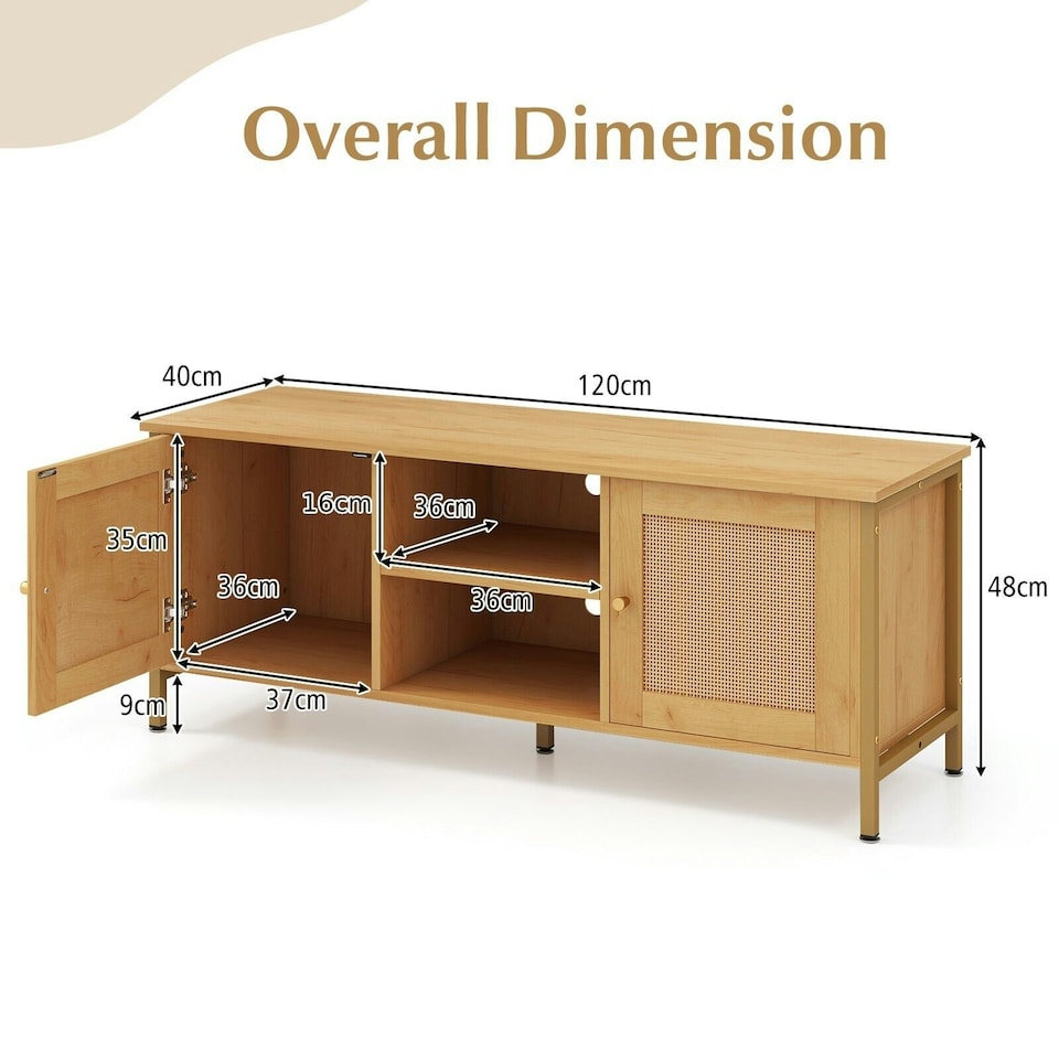 image 1 of COSTWAY Boho TV Stand for 55 Inches Entertainment Center Natural Gold