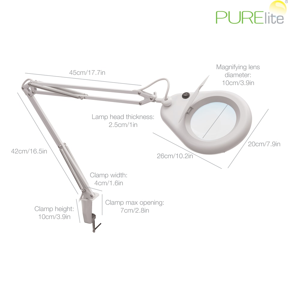 image 1 of PURElite LED Swivel Magnifying Lamp - Clip-on Table & Desk Lamp, Flexible Neck, 10cm Lens with 2x Magnification