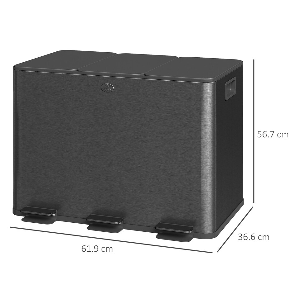 image 1 of HOMCOM 3 x 20L Triple Kitchen Bin Pedal Bin for Recycling and Waste, Black Black | 61.9L x 36.6W x 56.7H cm