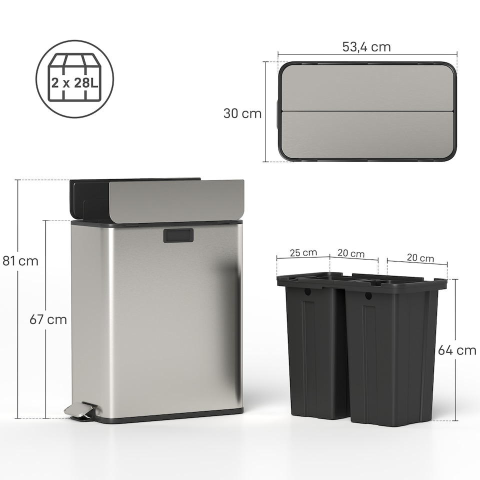 image 1 of HOMCOM Dual Kitchen Bin with Soft-Close Butterfly Lid, 2 x 28L Stainless Steel Pedal Bin with Removable Inner Buckets, Fingerprint-Proof for Recycling and Waste, Silver Tone