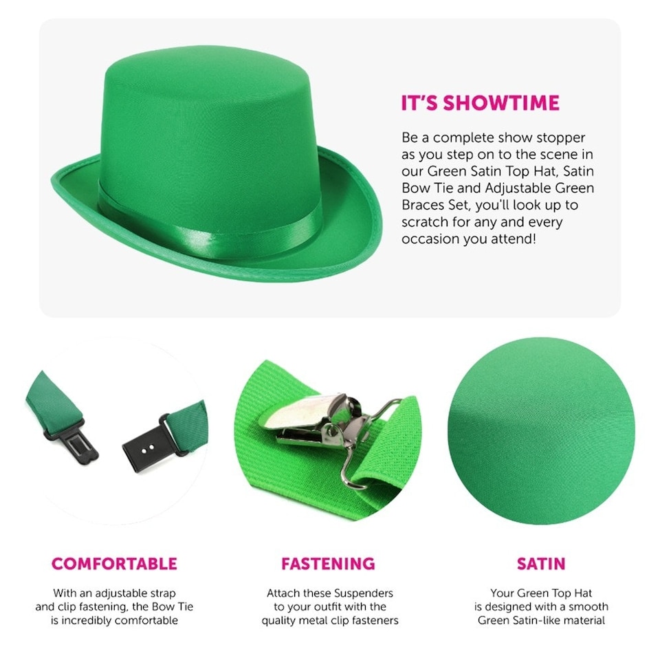image 1 of Pack Of 4 Irish Top Hat, Satin Bow Tie & Braces Green | One Size