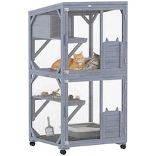 PawHut Outdoor Catio, Wooden Cat House on Exercise Wheels Indoor Outdoor