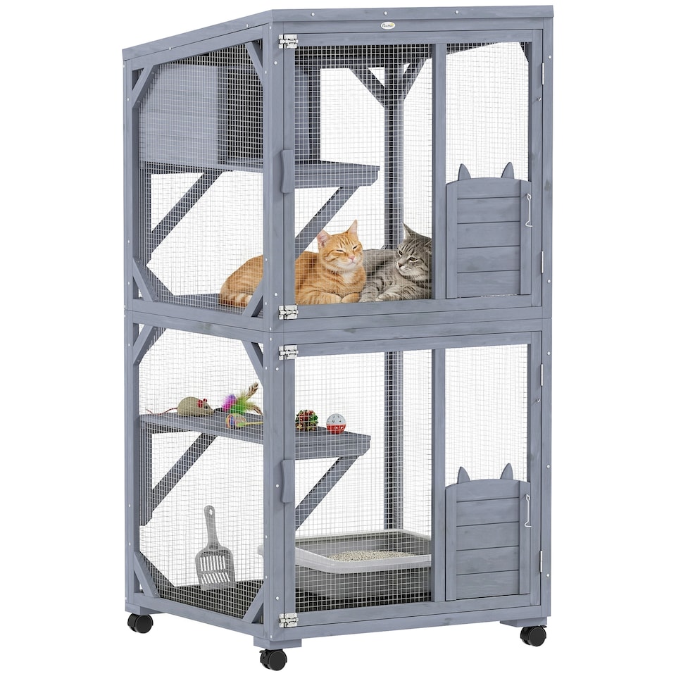 image 1 of PawHut Outdoor Catio, Wooden Cat House on Exercise Wheels Indoor Outdoor