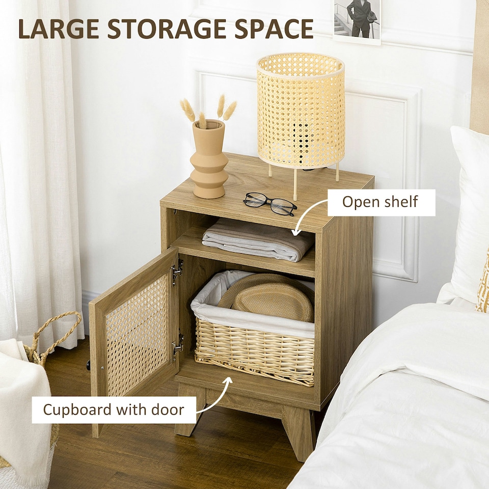 image 1 of HOMCOM Nightstand, Rattan Bedside Table w/ Cabinet, Shelf, Natural