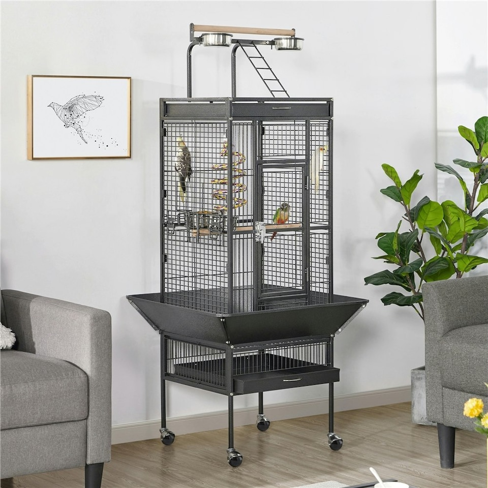 image 1 of Yaheetech 156 cm Tall Play Top Rolling Metal Bird Cage Black