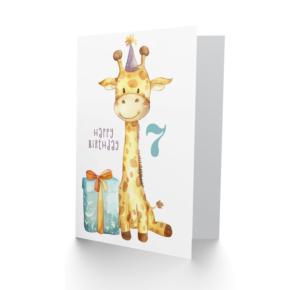 image 1 of Cute Party Hat Cartoon Kids Age 7 Year Old Child Kids 7th Birthday Card
