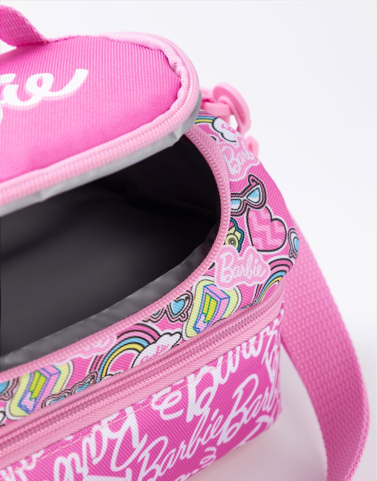 image 1 of Barbie Girls Pink Lunch Bag with Bottle & Snack Pot | Stronger Together Zip-Up Carry Set | Adjustable Shoulder Strap | Back to School Cartoon Graphic Design | Barbie Merch