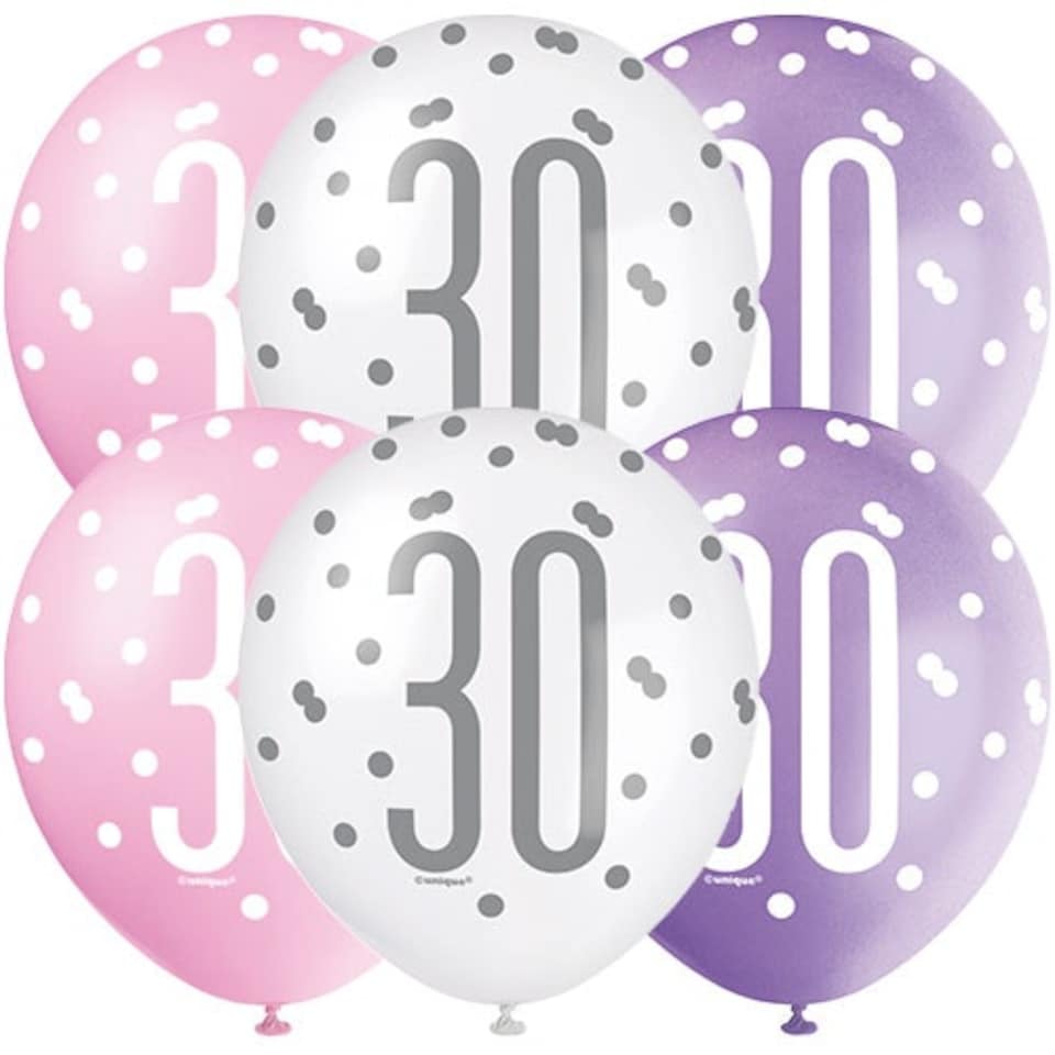 Pink Glitz Age 30 Assorted Biodegradable Latex Balloons 30cm / 12 in - Pack of 6
