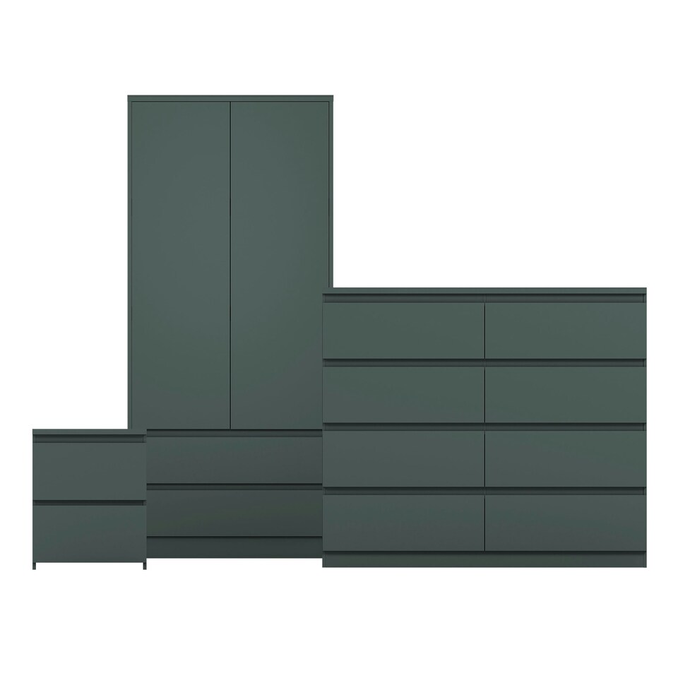 Vida Designs Denver 4 Piece Bedroom Set (2 Drawer Large Bedside Chest x2, 3 Drawer Chest, 2 Door 2 Drawer Wardrobe), Black Black | Black