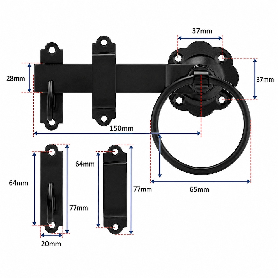 image 1 of Garden Side Gate Fixing Kit 3x Tee Hinges Ring Latch & Brenton Bolt Set Black Powder Coated