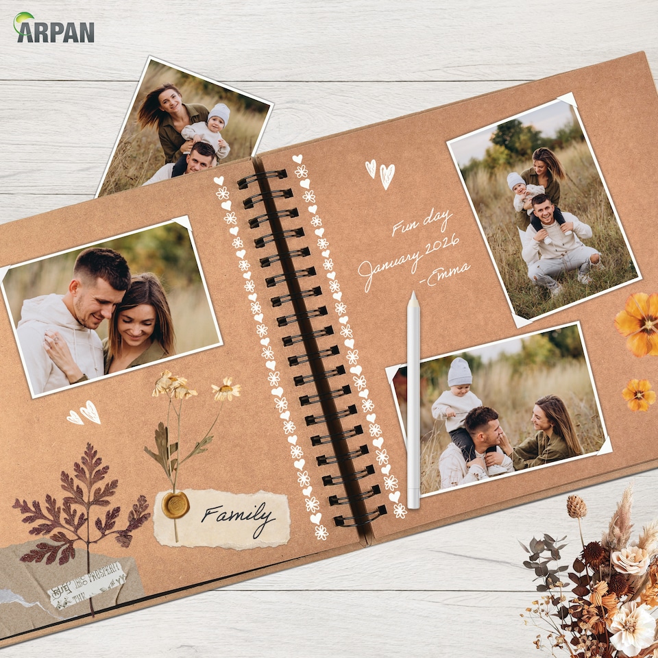 image 1 of ARPAN Spiral Bound Scrapbook Album – 50 Sheets / 100 Pages, 200 GSM Thick Paper – DIY Photo Album Memory Book with Ribbon Closure (26 x 25.5 cm) for Wedding, Baby, Travel, Artwork & Scrapbooking