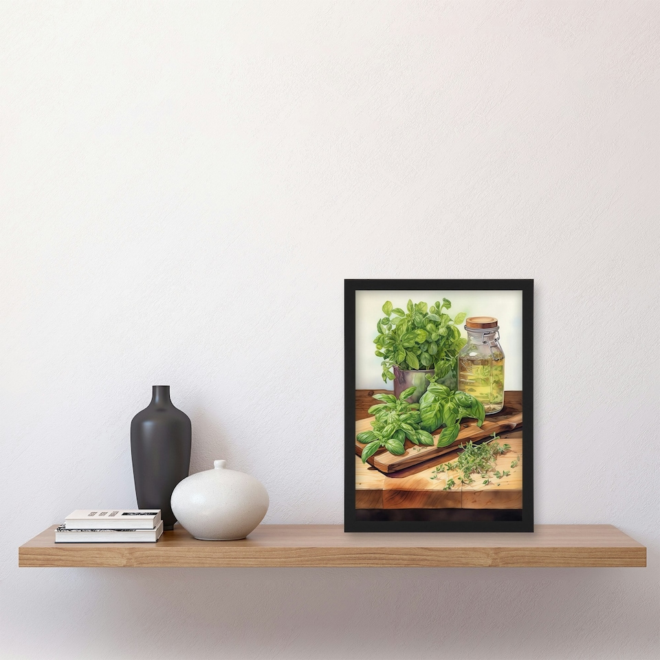 image 1 of Country Kitchen Art Watercolour Basil Herb Black Framed Wall Art Print A4