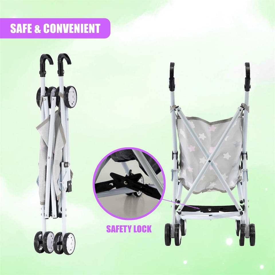 image 1 of BiBi Doll Stars Design Foldable Dolls Buggy Stroller & Toy Pushchair for 20" Dolls