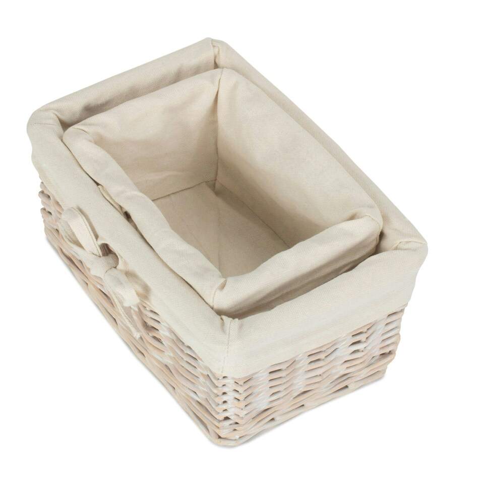 image 1 of Set of 2 White Wash Finish Cotton Lined Willow Tray White