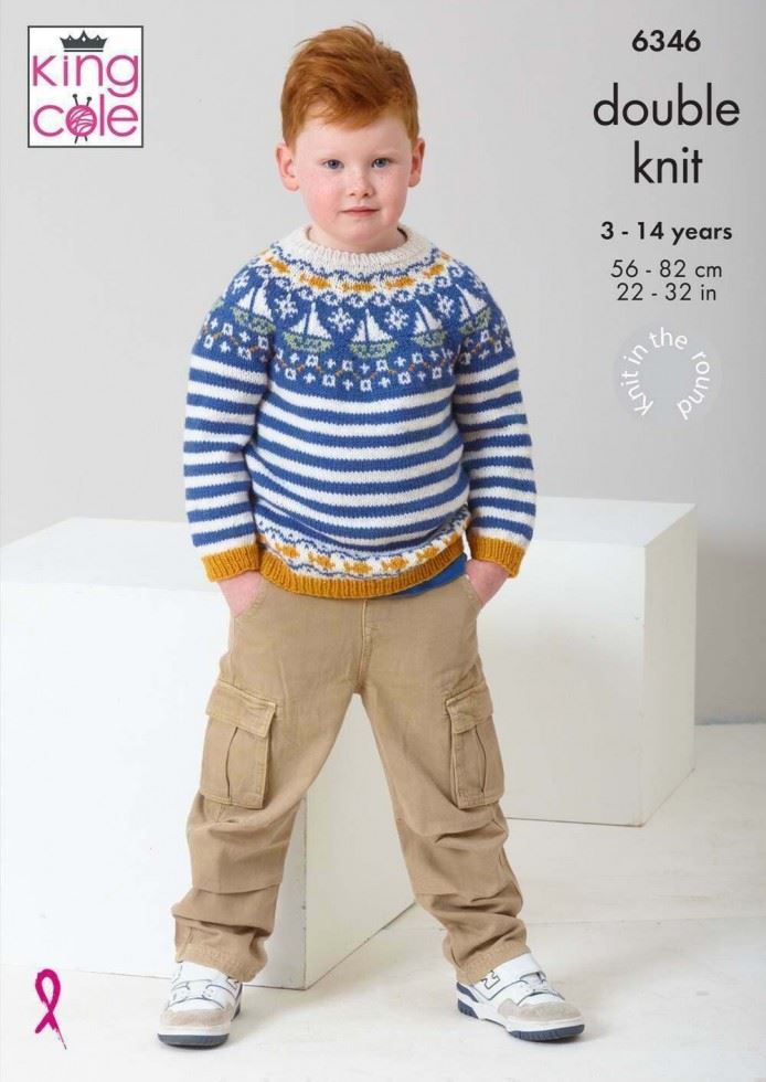 King Cole Merino Blend DK Knitting Pattern 6346, Sweaters for Kids and Teenagers - 22 - 32 Inches