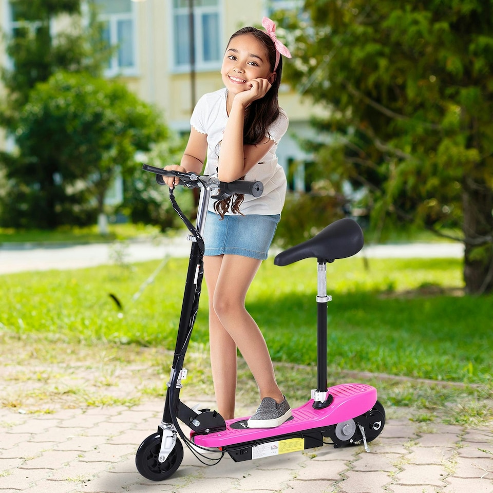 image 1 of HOMCOM Foldable Powered Scooter 120W w/ Adjustable Seat and Brake, Pink