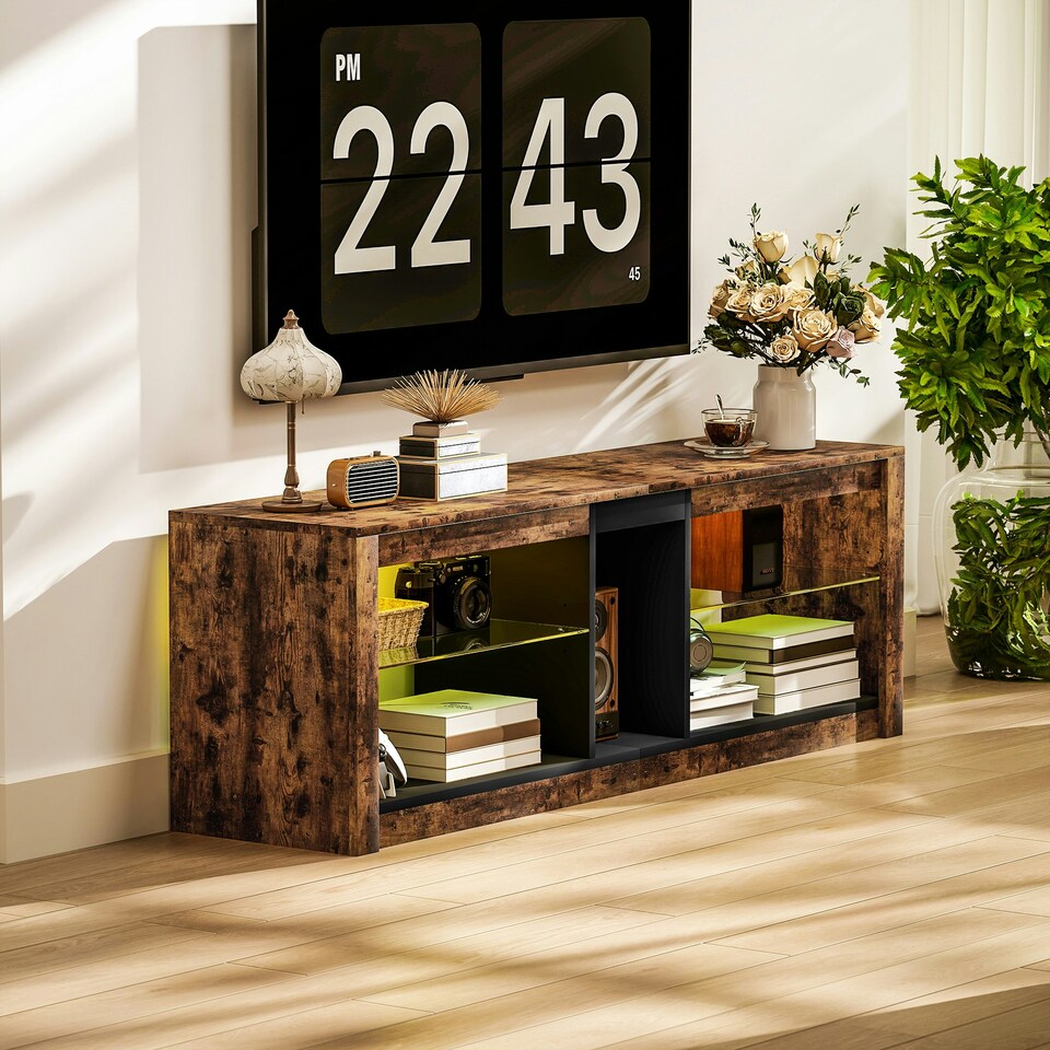 image 1 of HOMCOM TV Stand, Entertainment Centre with LED Lights, Rustic Brown | Brown | 1