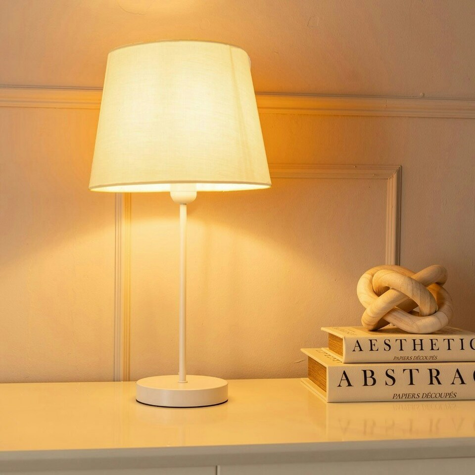 image 1 of ValueLights Charlie White Stem Table Lamp Beige Taper Shade Cream