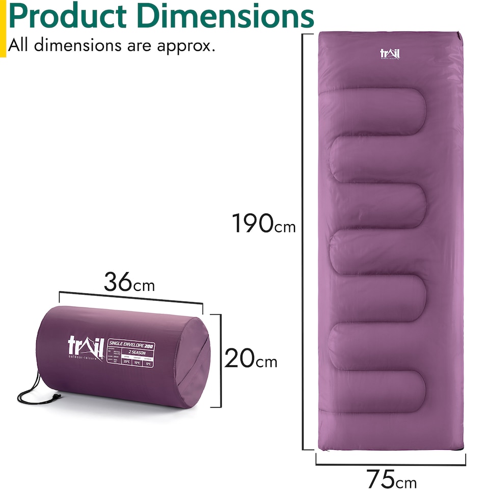 image 1 of Envelope Sleeping Bag 2 Season Single Adult Outdoor Camping 200gsm Trail | Purple | Single | 1