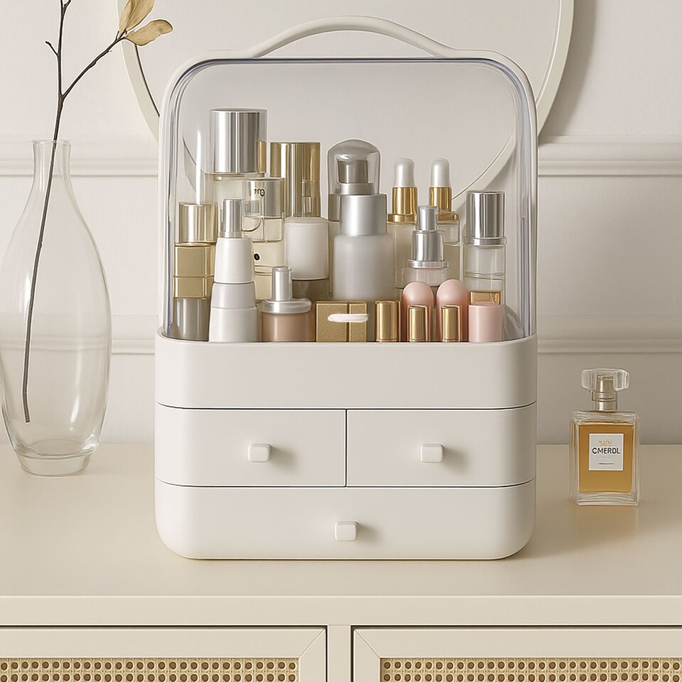 image 1 of Neo Acrylic Makeup Organiser with Lid & Drawers Portable Dustproof Cosmetic Storage Box | Pink | Pink | 26.5 x 18.2 x 34.7cm | 1