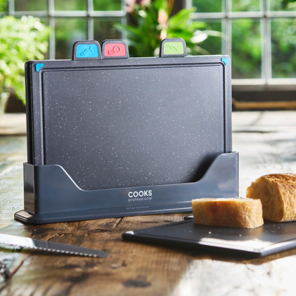 image 1 of Cooks Professional Set of 4 Index Chopping Boards with Stand & Coloured Tabs