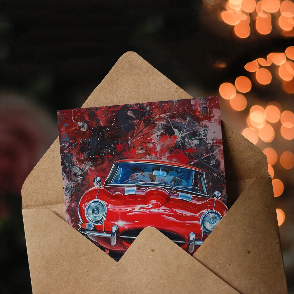 image 1 of Red Iconic Sports Car Modern Abstract Painting Father's Day Card