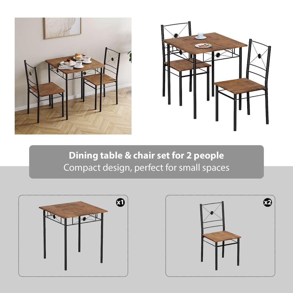 image 1 of Vida Designs Roslyn 2 Seater Dining Set 3 Piece Table & Chairs, Dark Wood