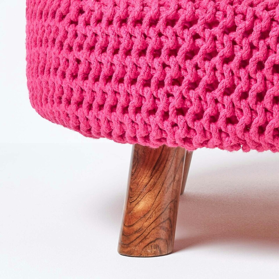 image 1 of Homescapes Hot Pink Large Round Cotton Knitted Footstool on Legs