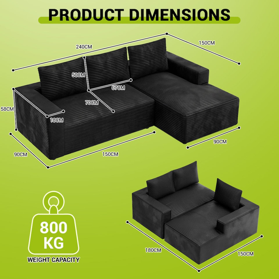image 1 of Rattantree L Shaped Modular Sofa Corduroy Sectional Couch With Chaise