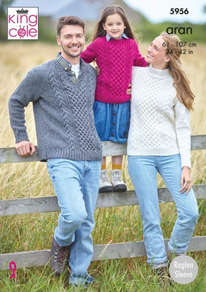 King Cole Wool Aran Knitting Pattern 5956, Sweaters for Kids, Teenagers, Women and Men - 24 - 42 Inches