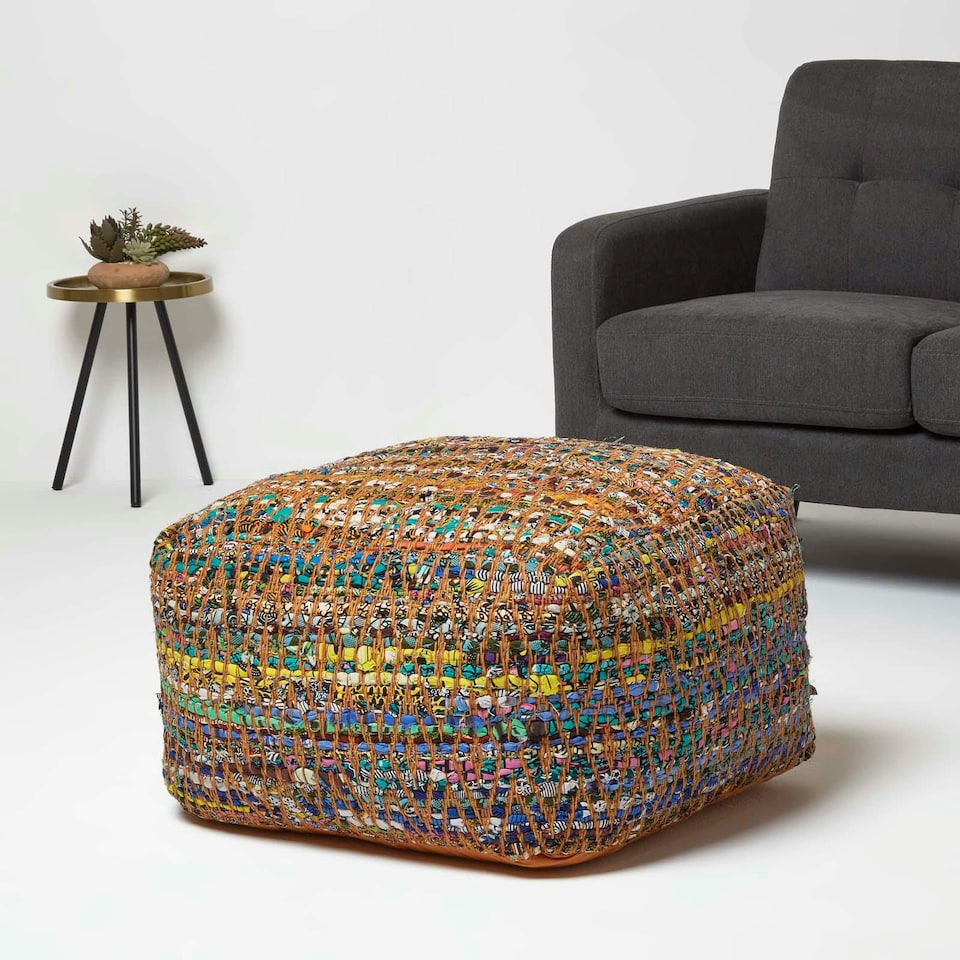 image 1 of Homescapes Multicolour Chindi Design Bean Filled Pouffe Large - 60 x 60 x 30 cm | Multi | 60 x 60 x 30 cm