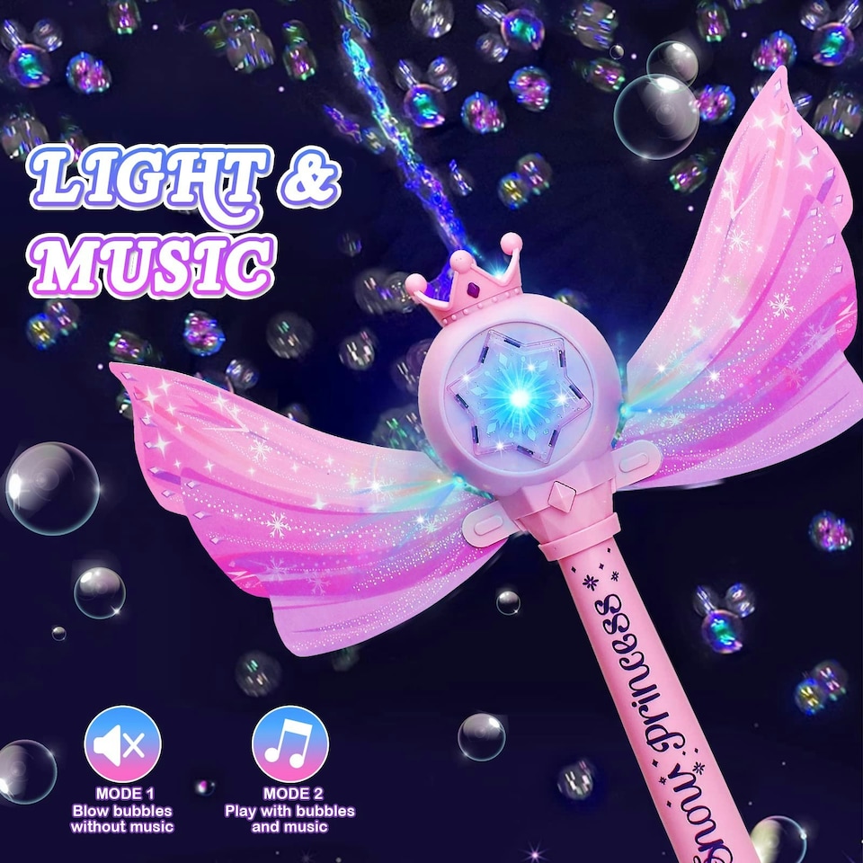 image 1 of Princess Bubble Wand for Kids - Musical Light Up Bubble Machine with Detachable Wings - Indoor Outdoor Birthday Gift
