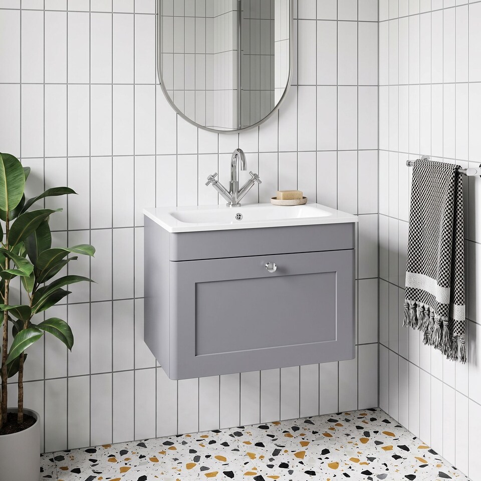 image 1 of Balterley Swynnerton Traditional 1 Drawer Wall Hung Vanity Unit with Stone Basin, Satin Grey, 600mm
