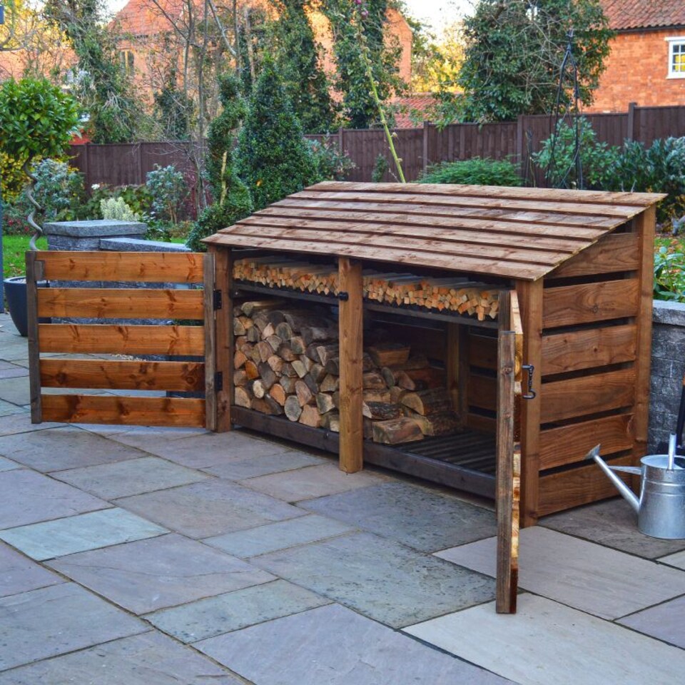 image 1 of Normanton 4ft Log Store with Doors and Kindling Shelf - L80 x W230 x H128 cm - Rustic Brown